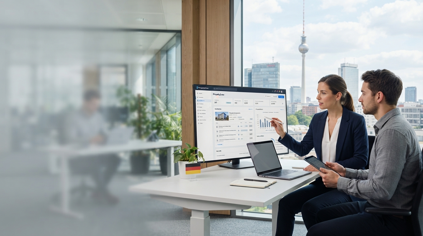 PropertyCrew Analyseoberfläche für Kapitalmärkte auf einem Notebook